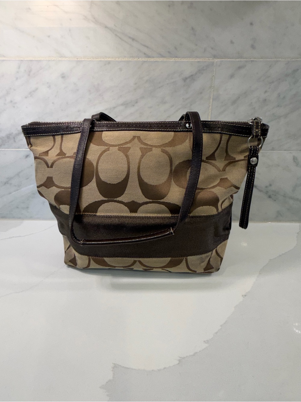 Coach Signature Canvas Zip Top Tote Handbag Brown Khaki F13548